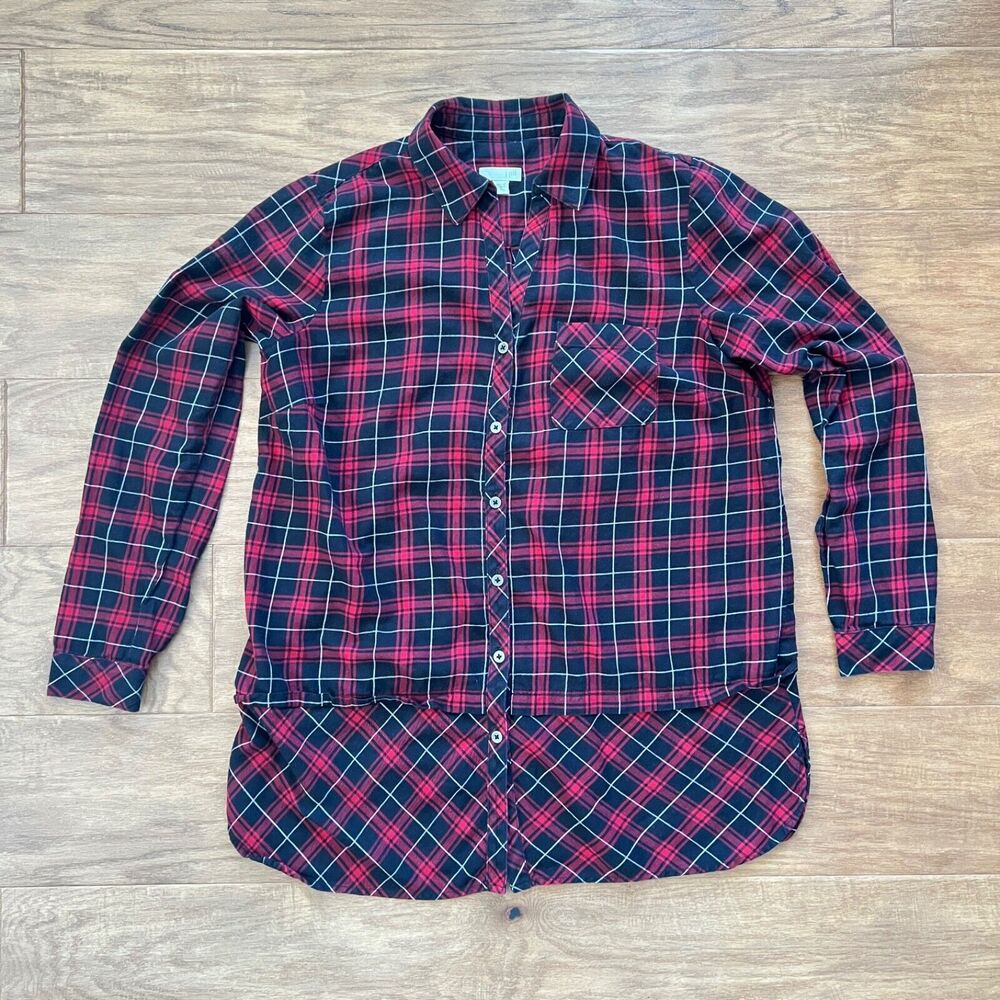 J.Jill Tunic Top Size S Red/Black Plaid Button-Up Long Sleeve
